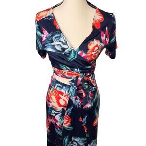 Two Piece Tropical Floral Maxi Skirt Set Navy Blue Wrap Crop Top Boho Vacation M